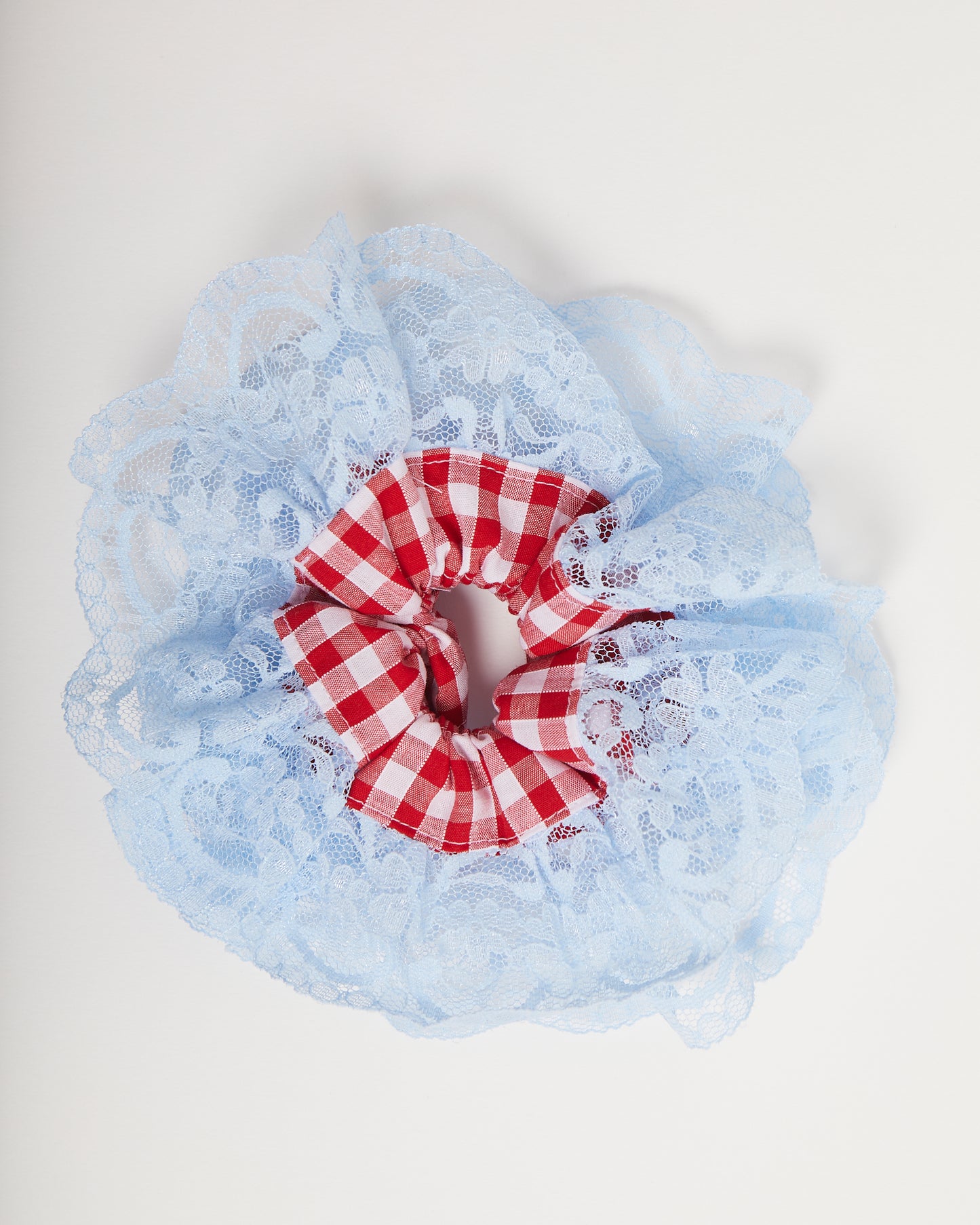 Red Gingham with Blue Lace Scrunchie - M