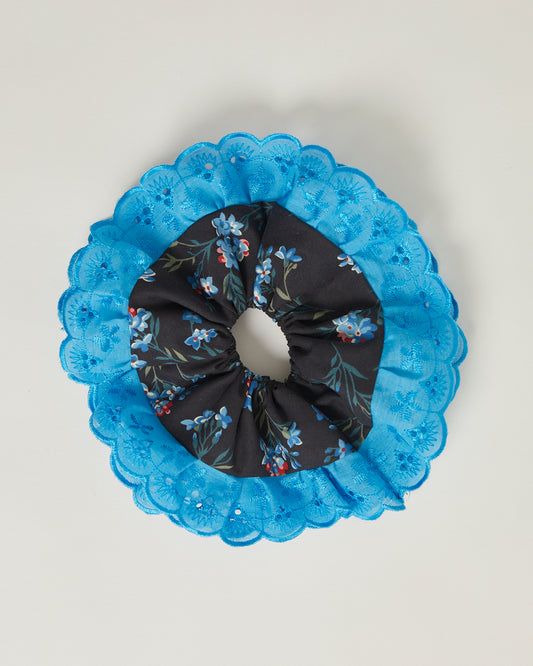 Scrunchie in black floral & turquoise trim - L