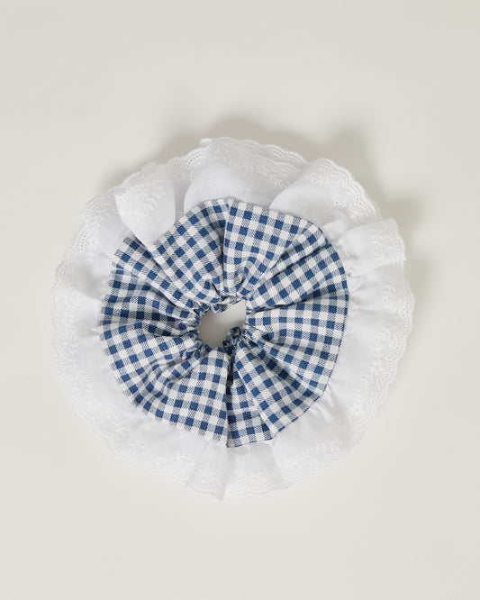 Scrunchie in navy gingham & white trim - L