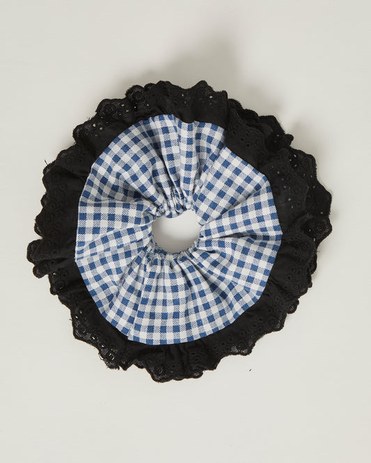 Scrunchie in blue and white gingham and black trim - M