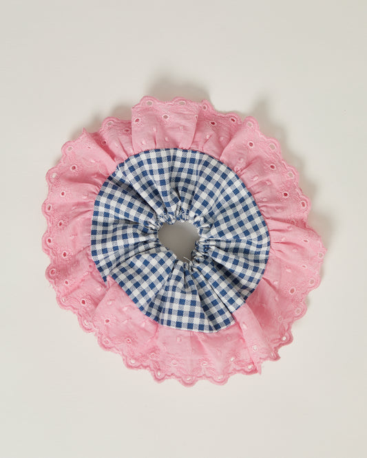 Scrunchie in navy gingham & pink trim - L