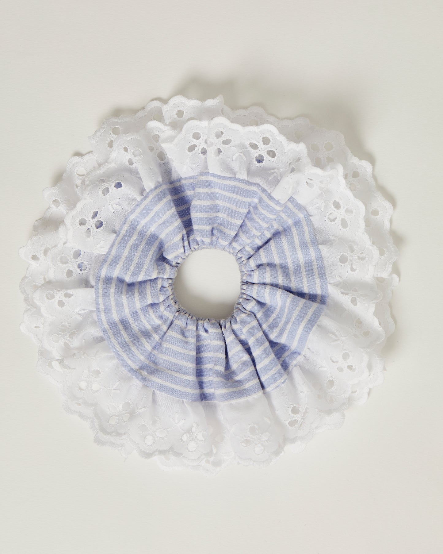 Scrunchie in baby blue and white stripe & white trim - L