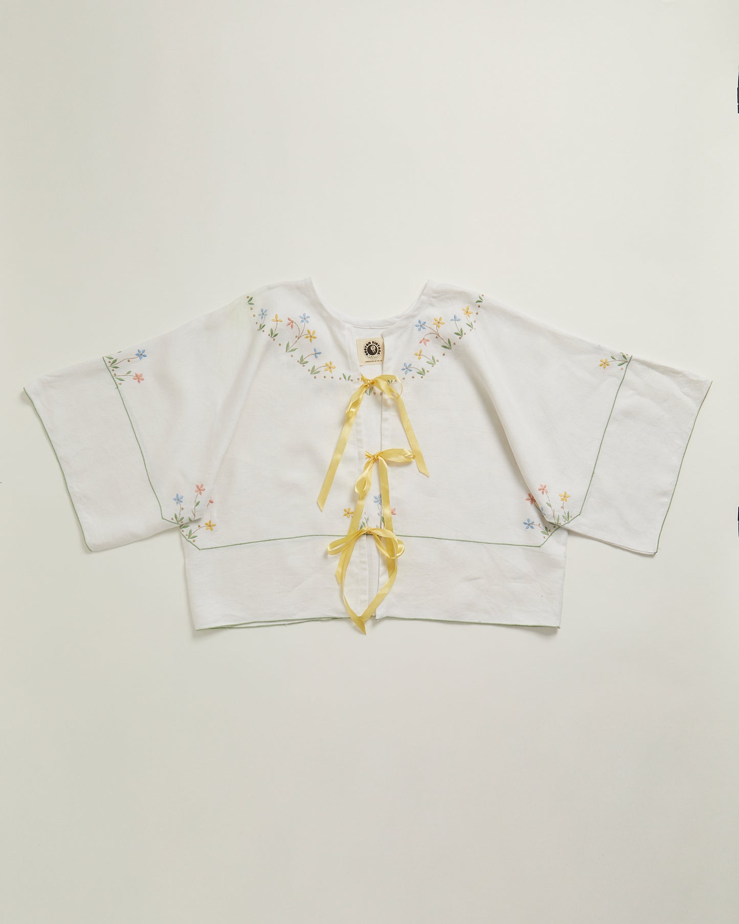 Olive blouse - white linen with yellow bows L