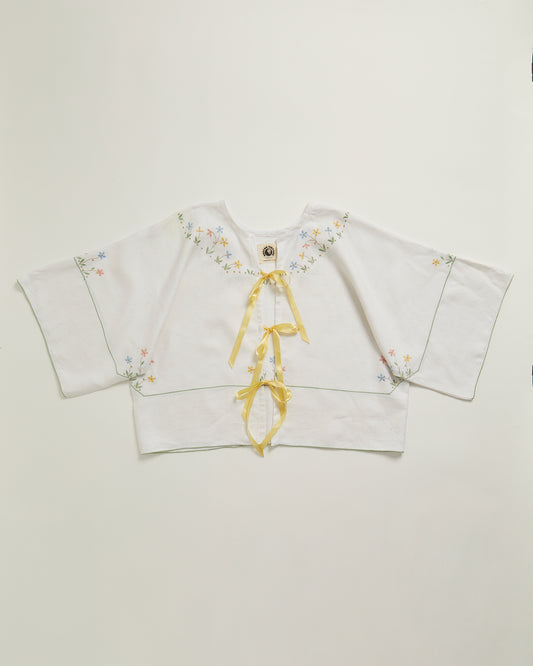 Olive blouse - white linen with yellow bows L