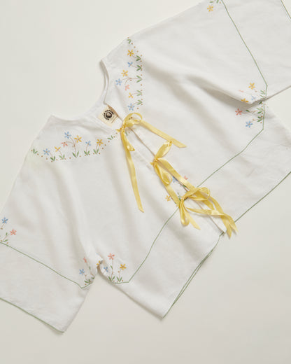 Olive blouse - white linen with yellow bows L