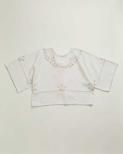 Olive blouse - white linen with yellow bows L