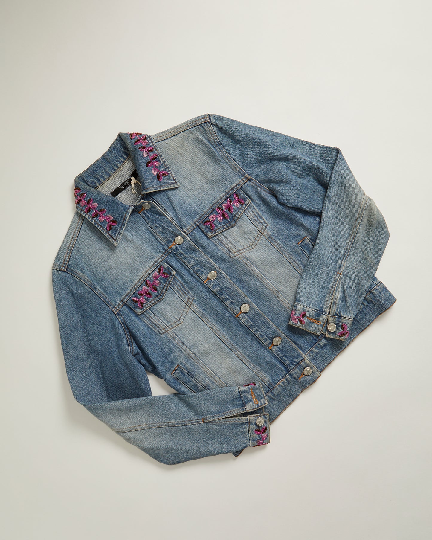 90s Denim Jacket with glass pink beaded embroidery by Hallhuber