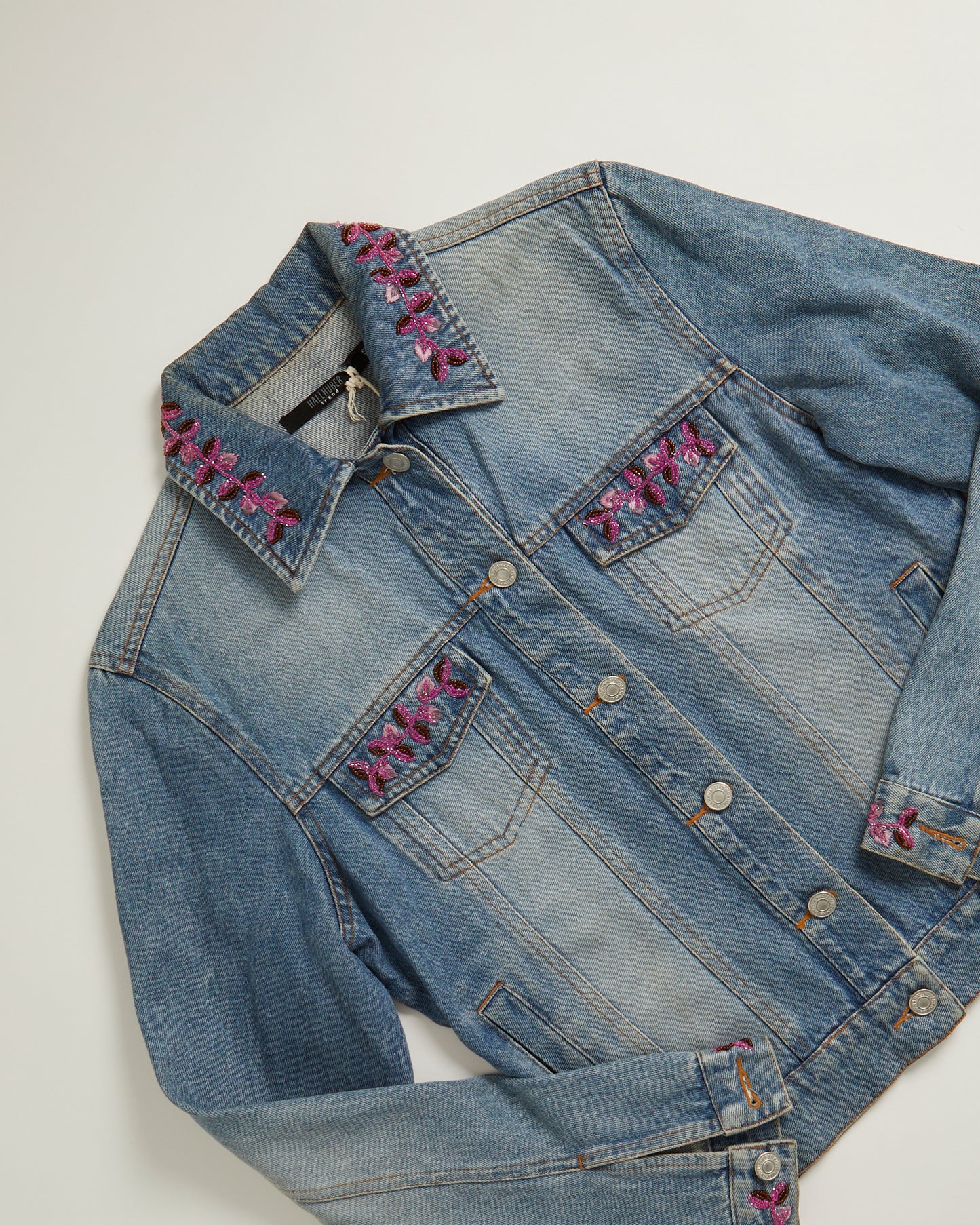 90s Denim Jacket with glass pink beaded embroidery by Hallhuber