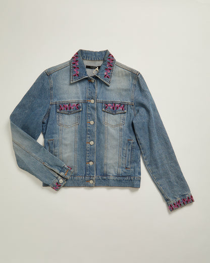 90s Denim Jacket with glass pink beaded embroidery by Hallhuber