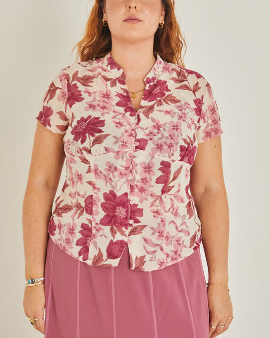 Pink and Cream Floral Semi-Sheer 90s Shirt