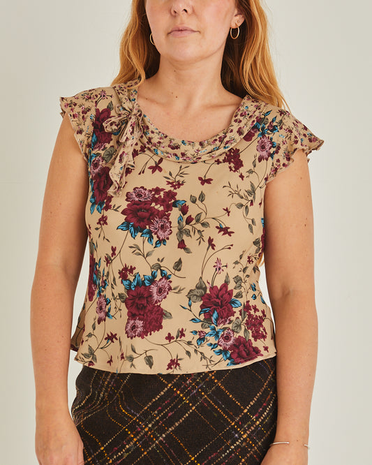 Tan and Burgundy floral Silk Top