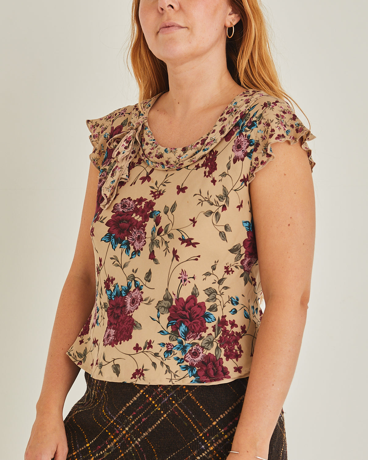 Tan and Burgundy floral Silk Top