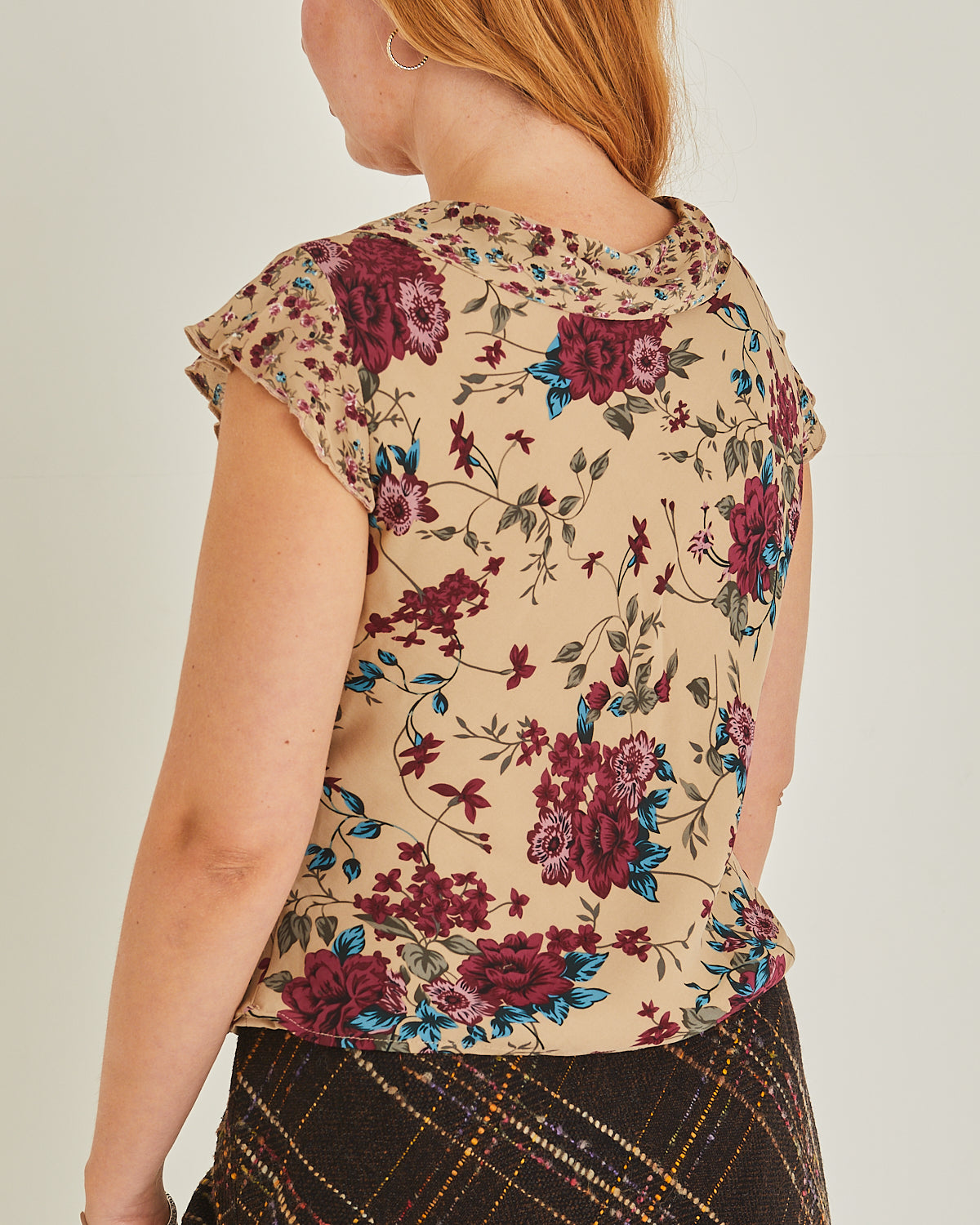 Tan and Burgundy floral Silk Top