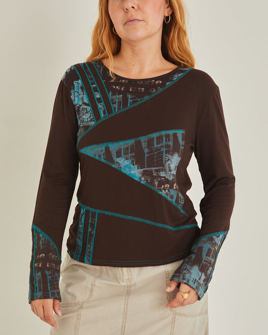 Brown and teal patchwork long-sleeve y2k