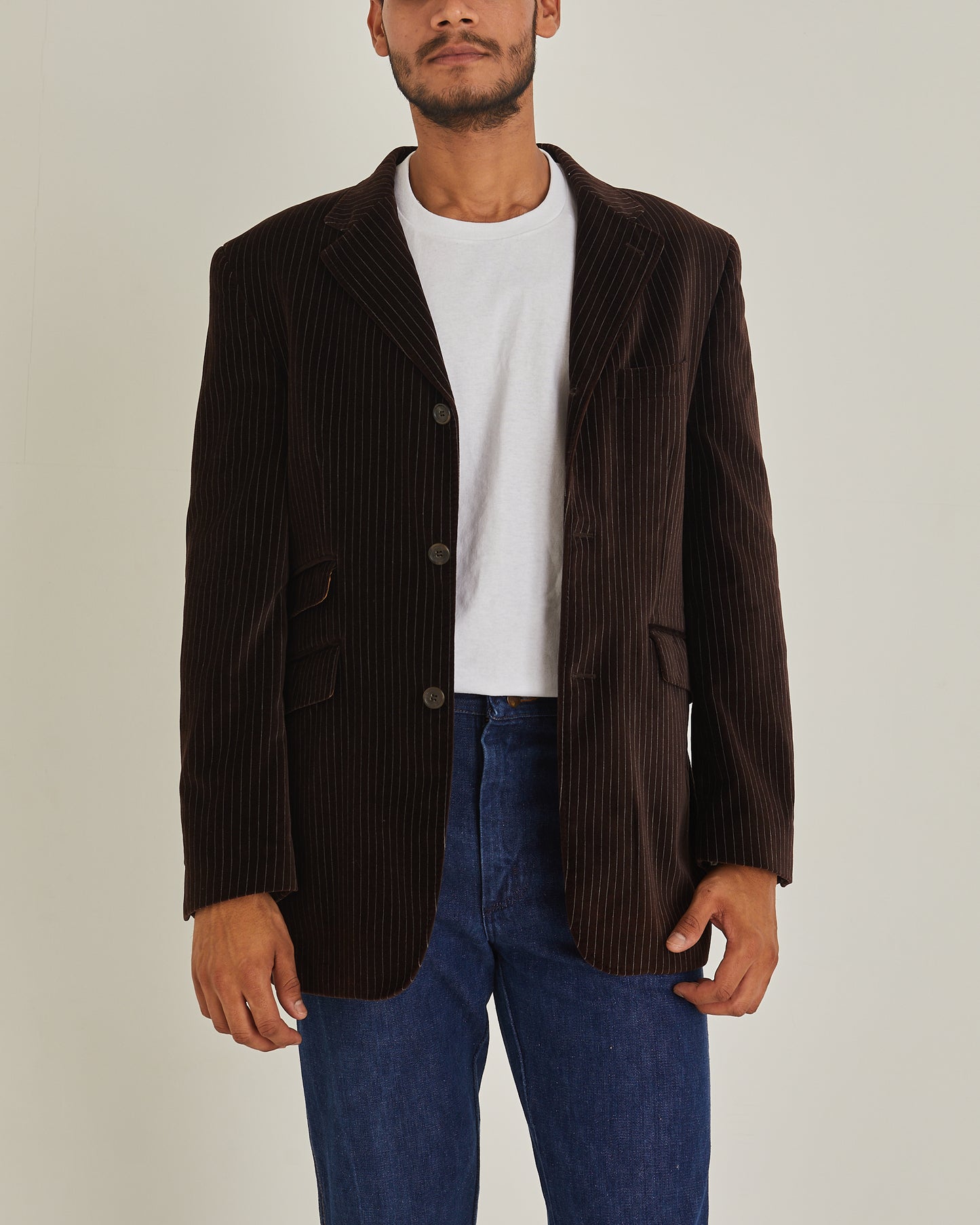 Brown pinstripe velvet jacket