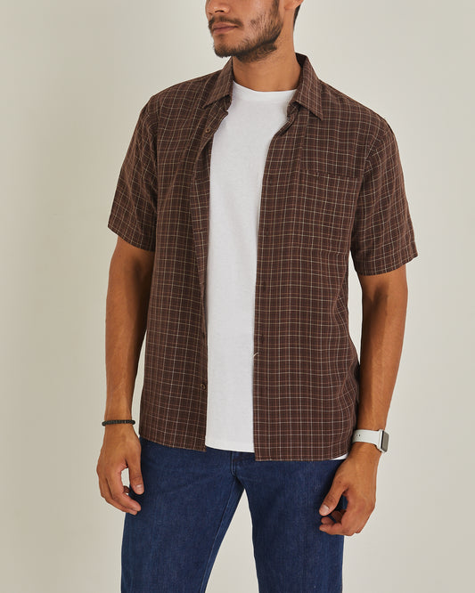 Chocolate Brown Short Sleeve Check Shirt