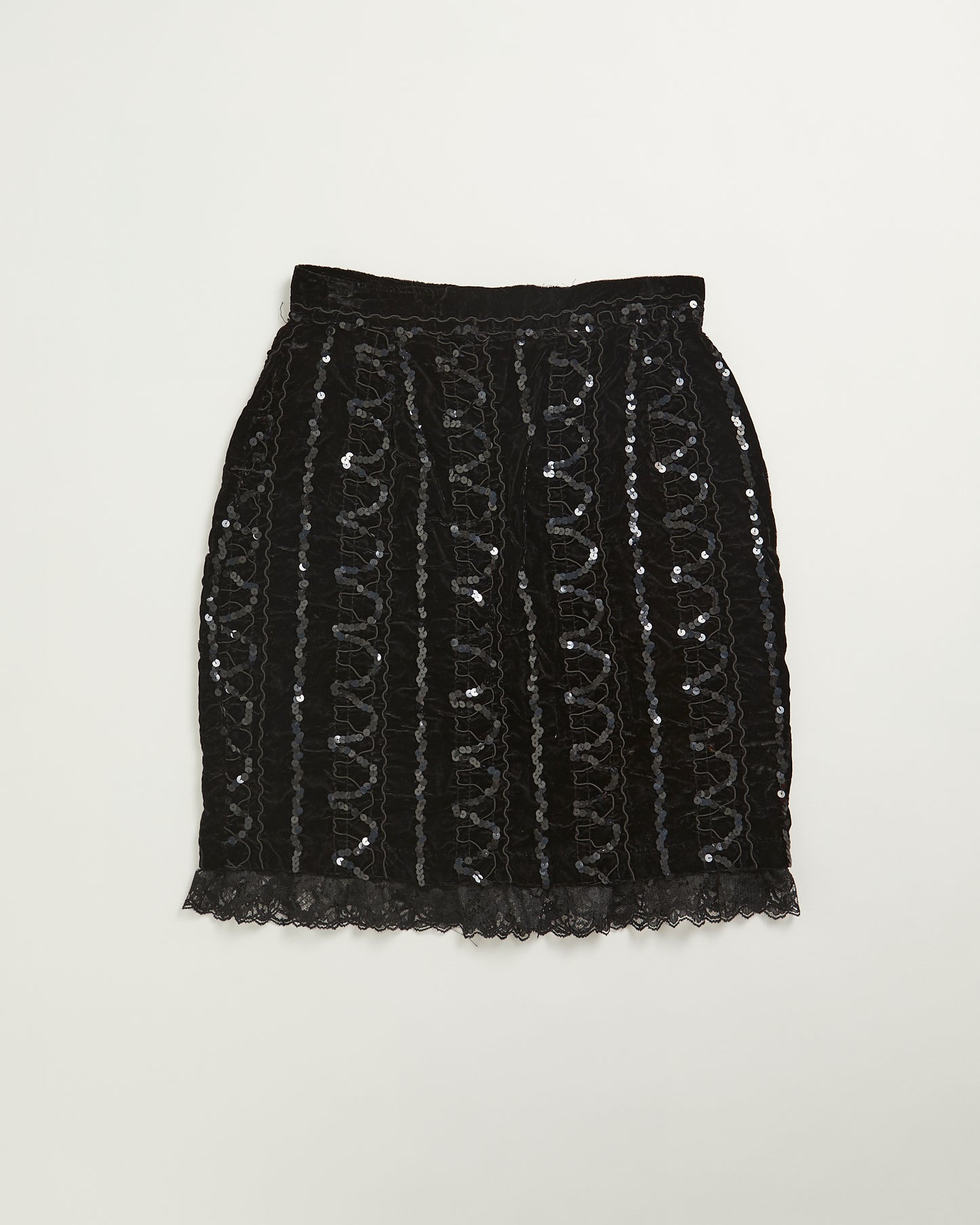 Hand Made Vintage black Sequin Skirt with lace trim