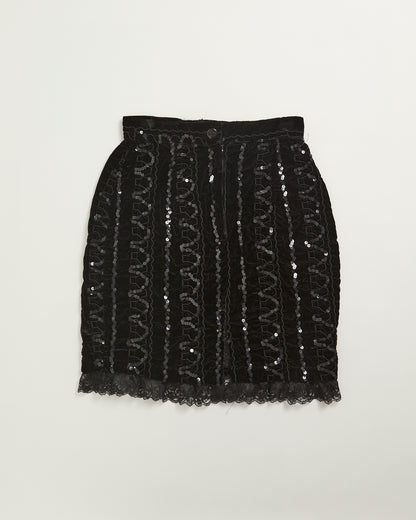 Hand Made Vintage black Sequin Skirt with lace trim