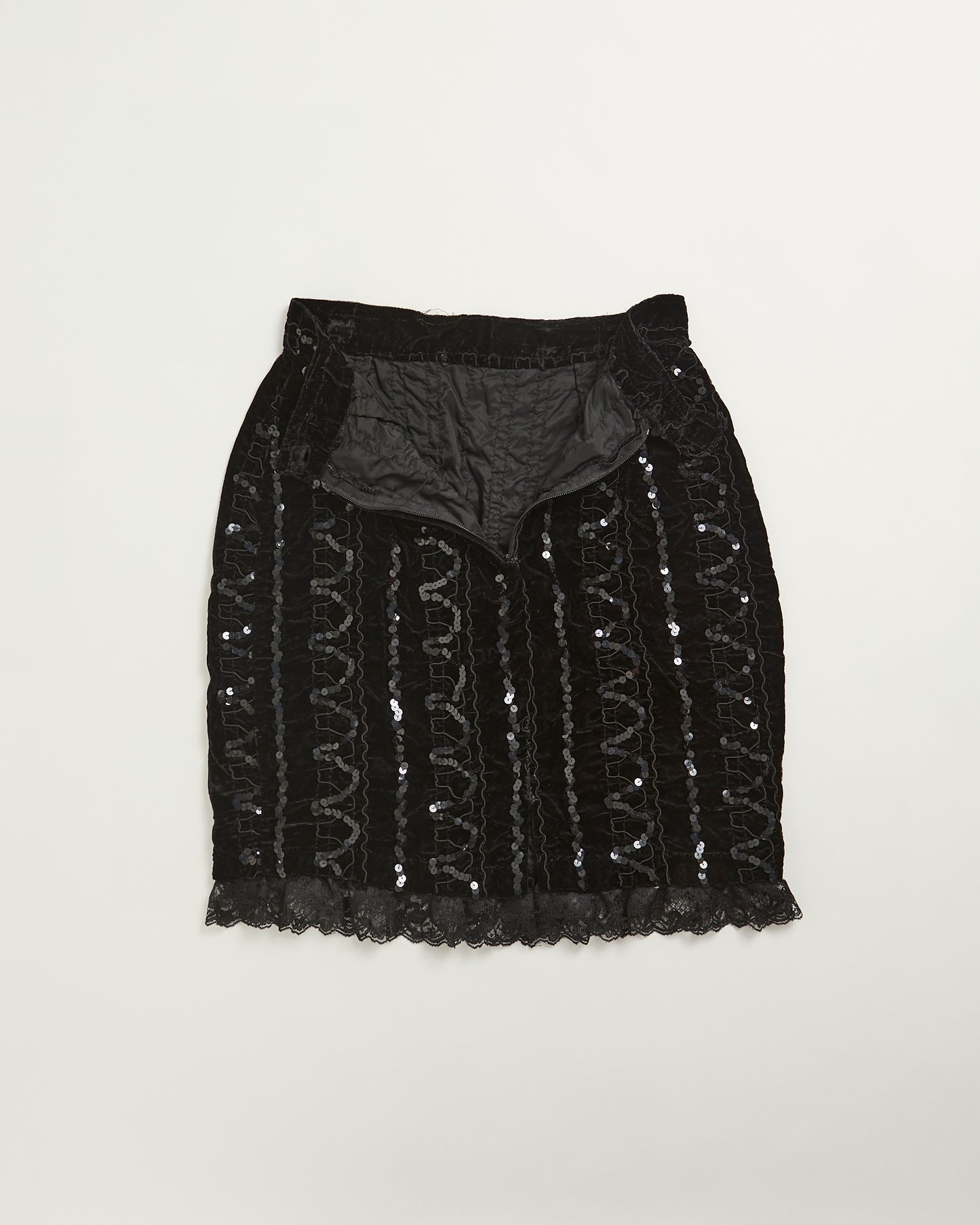 Hand Made Vintage black Sequin Skirt with lace trim