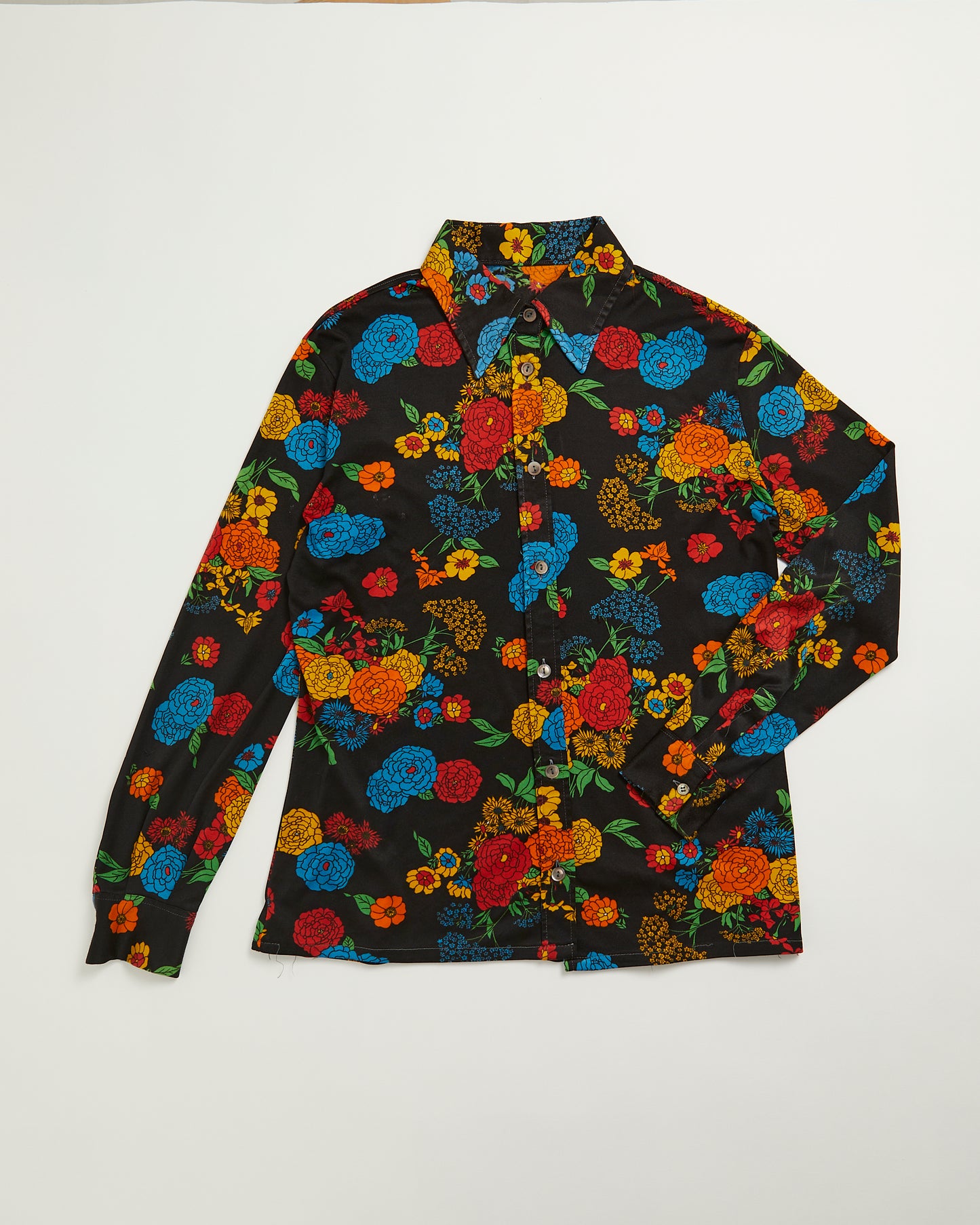 70s black floral shirt - Handmade