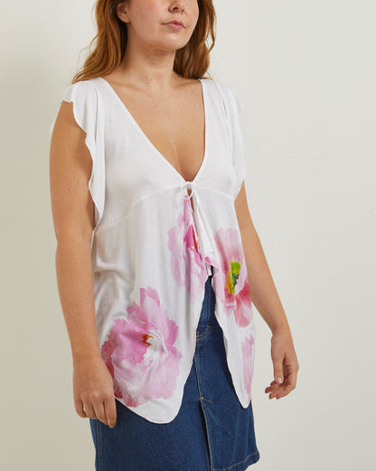 White with pink large flower butterfly shape Per Una ribbon tie top