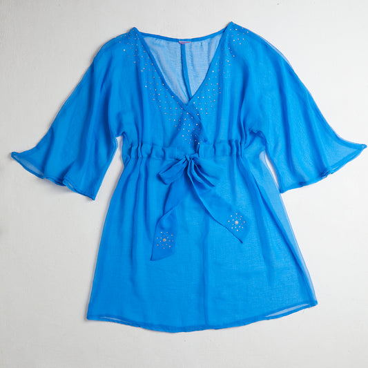 Turquoise sheer top with bow and rhinestones - M