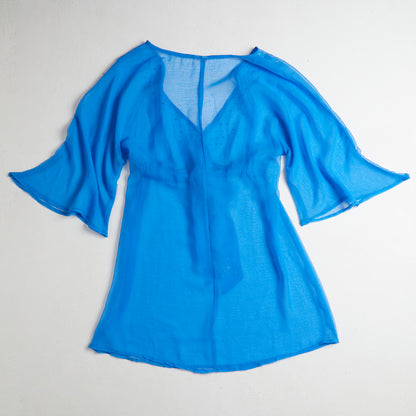 Turquoise sheer top with bow and rhinestones - M