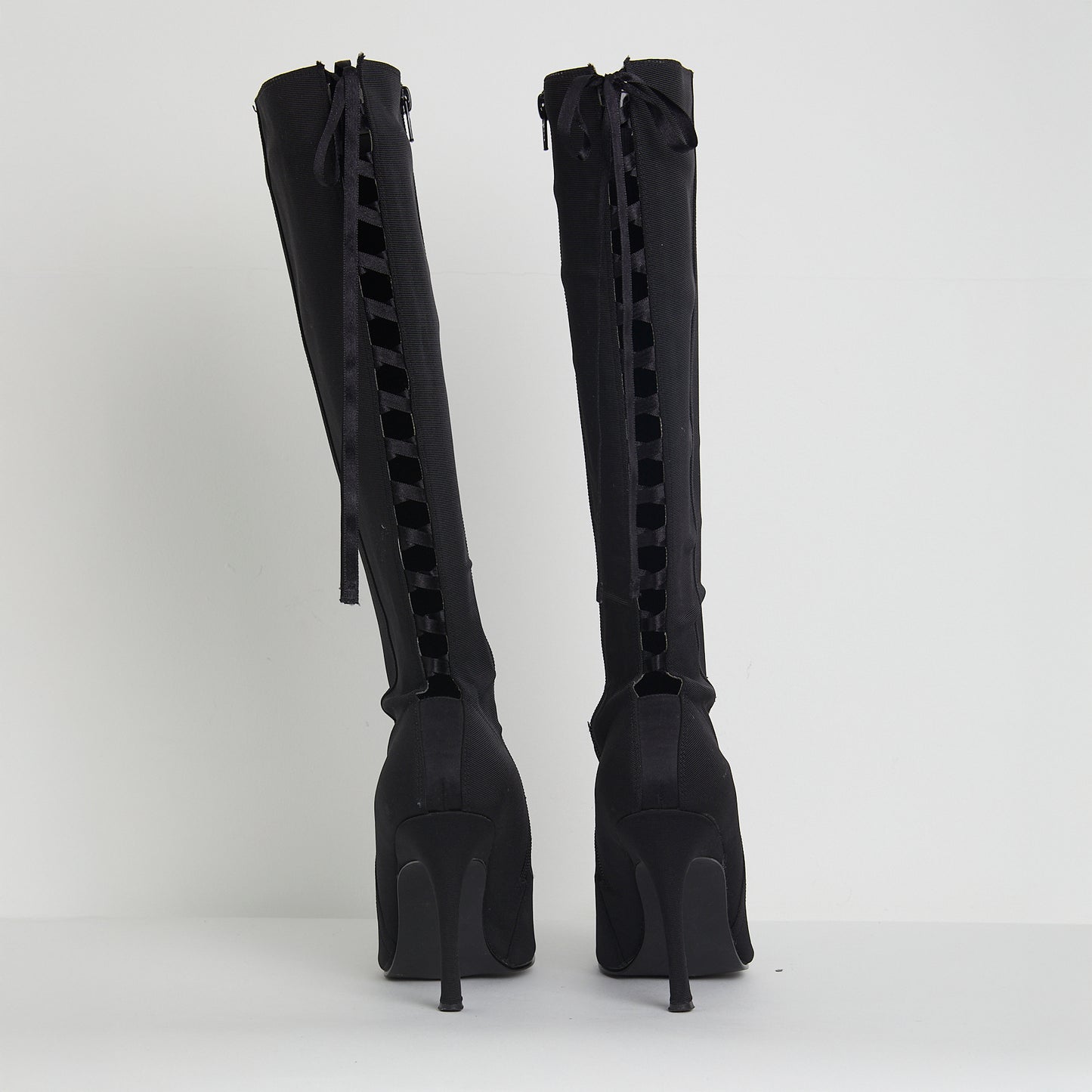 Original Vintage Y2K Black Ribbon Lace-Up Knee-High Heeled Boots