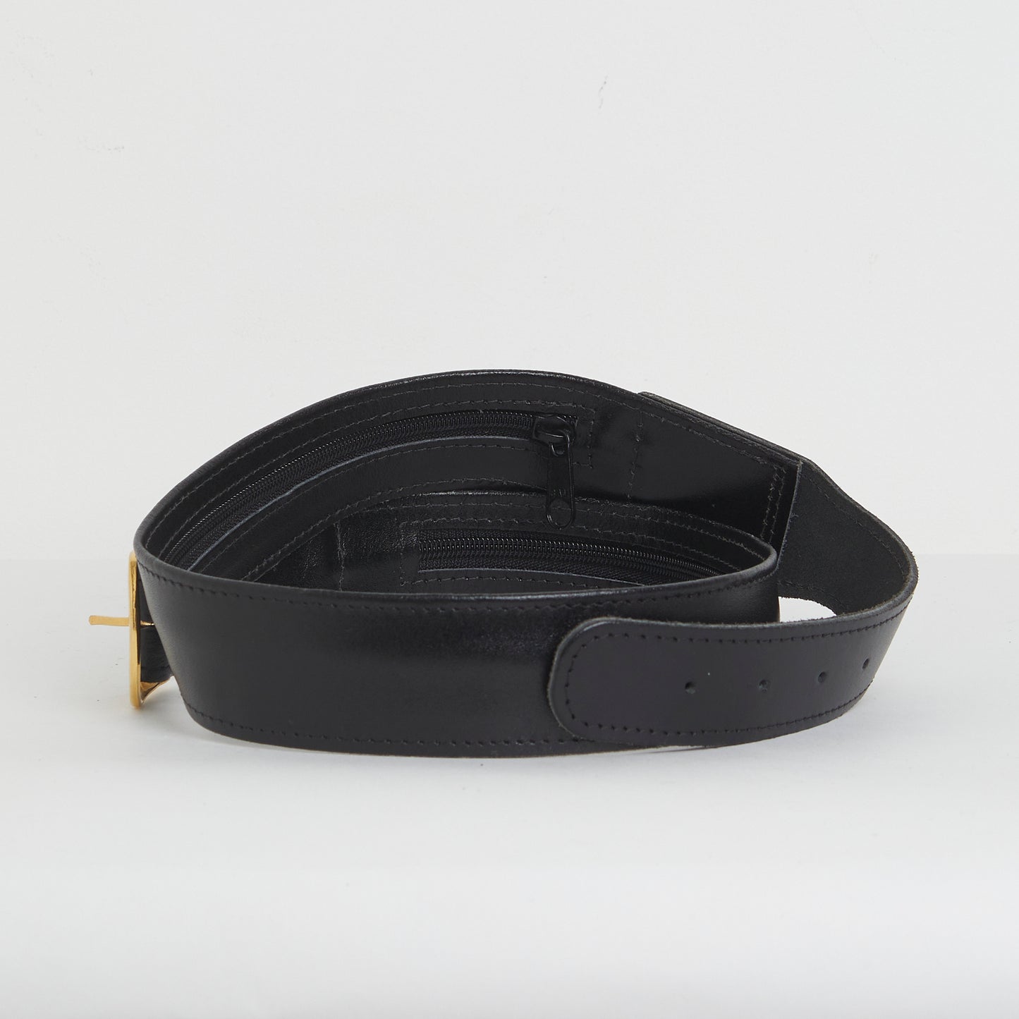 Vintage Black Leather Hidden Zip Money Belt with Gold Buckle