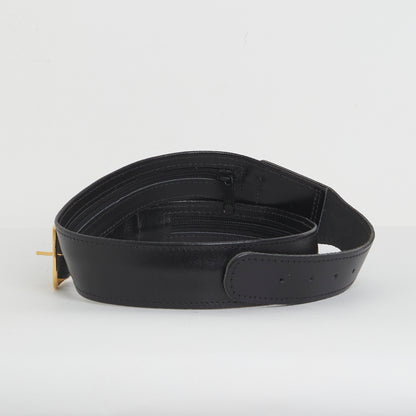 Vintage Black Leather Hidden Zip Money Belt with Gold Buckle