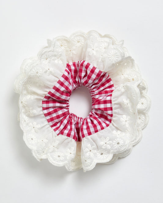 Scrunchie in Red Gingham and cream trim - M