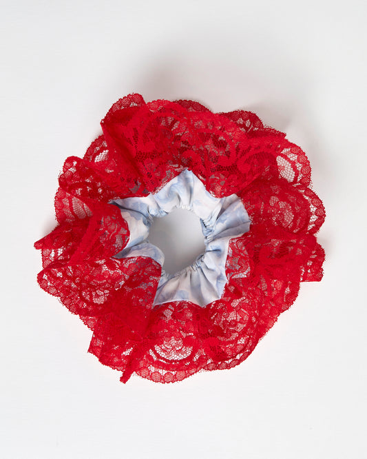 Scrunchie in blue floral and red lace trim - M