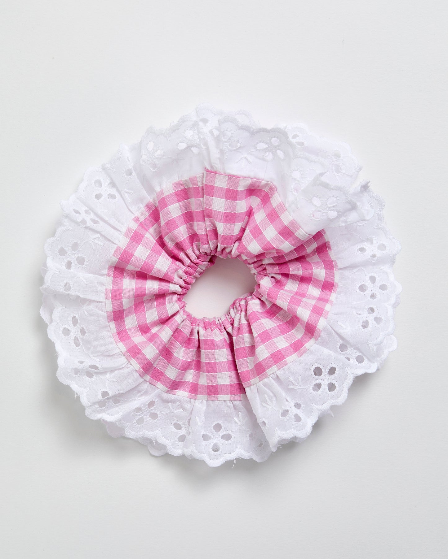 Scrunchie in Pink Gingham and White trim - M