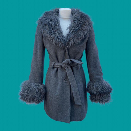 Grey Faux Fur wool wrap coat