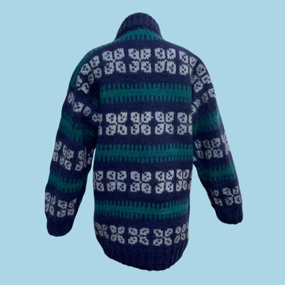 Navy Blue and Green Wool hand knitted Jumper