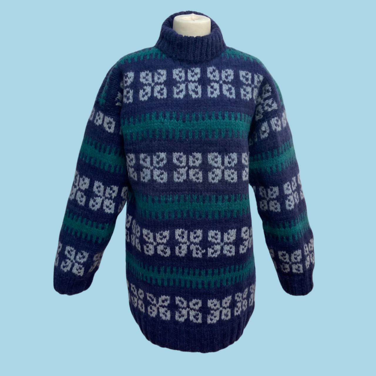 Navy Blue and Green Wool hand knitted Jumper